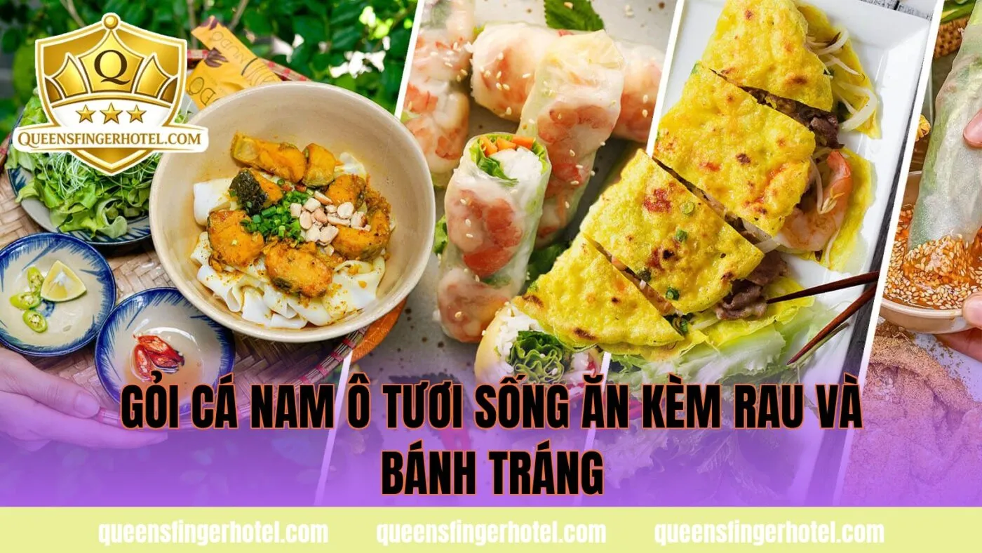 gỏi cá Nam Ô tươi sống ăn kèm rau và bánh tráng